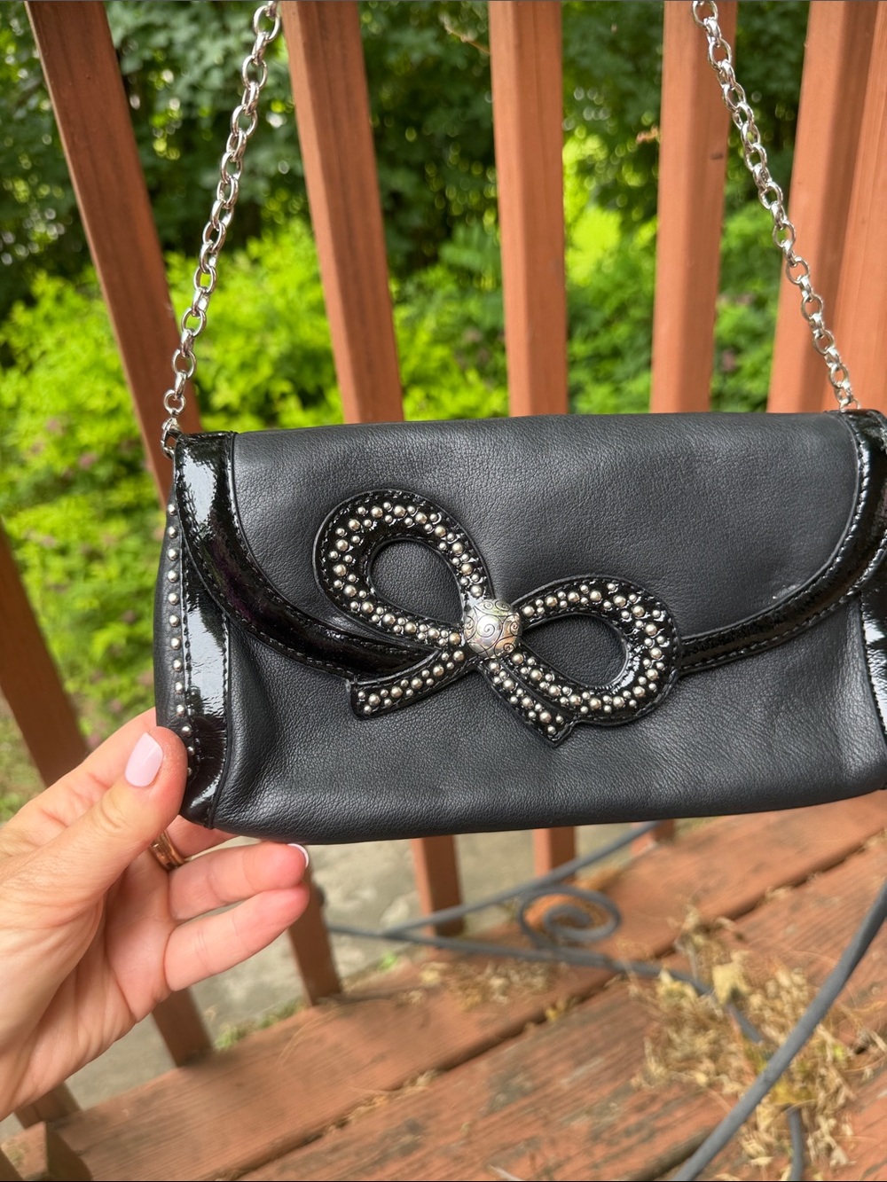 Brighton ~Black Studded Bow Chain Shoulder Bag NWOT Cheetah Interior